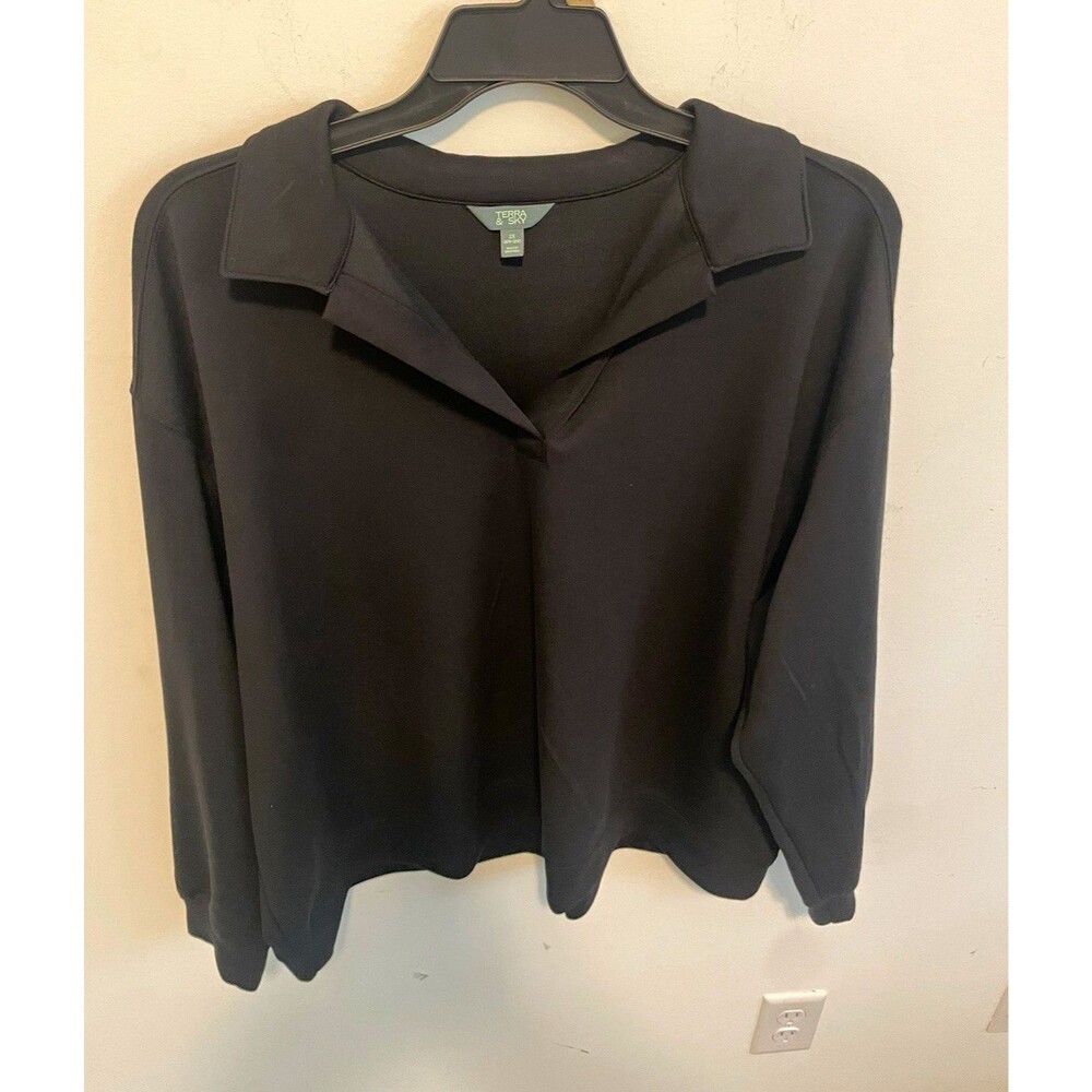 Terra & Sky Women’s Black Solid Scuba Collared Pullover Top Long Sleeve 2X